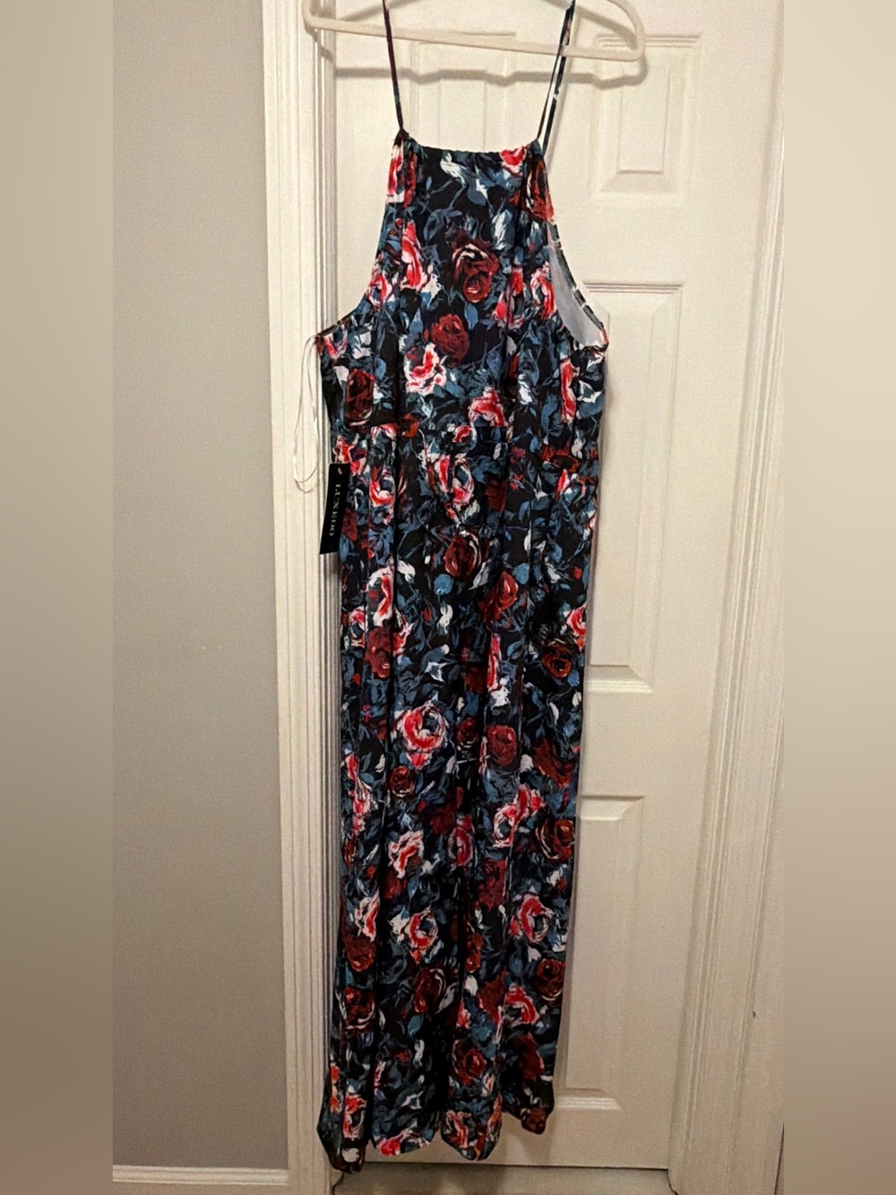 Floral High-Neck Maxi Dress in Navy & Red